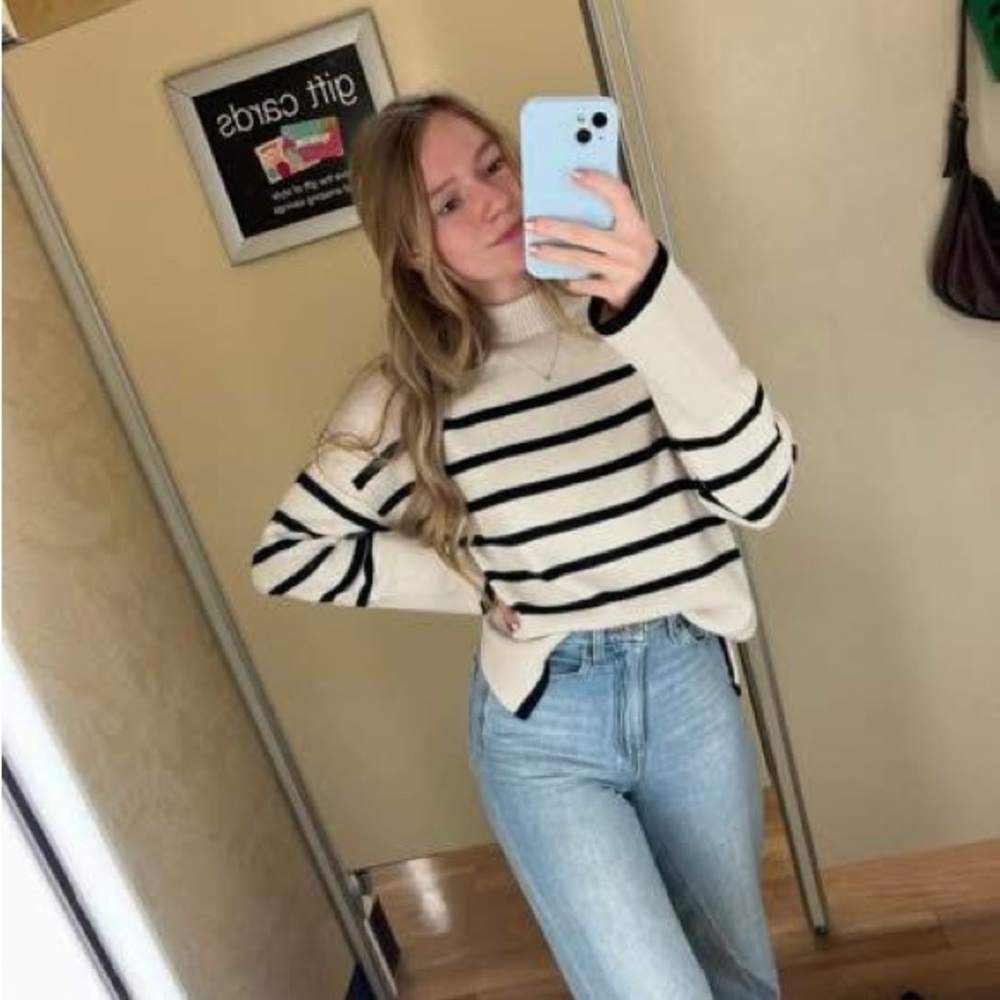 Sincerely Jules Cream & Black Striped Turtleneck Sweater